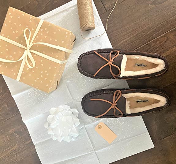 Fireside by Dearfoams Men's Victor Shearling Moccasin with Tie Slipper  Color Coffee Size 11M