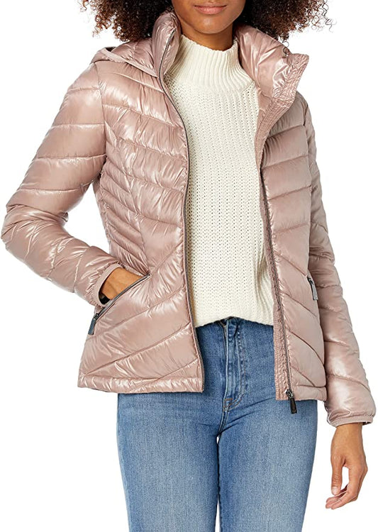 Calvin Klein Women's Chevron Packable Down Coat  Color Shine Rosewood Size 2XL