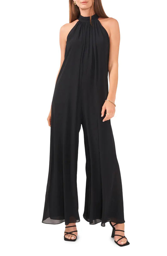 Vince Camuto Halter Neck Wide Leg Chiffon Jumpsuit  Color Black Size M