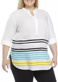 Lauren Ralph Lauren Women's Plus-Size Striped Linen Tunic  Capri Water Multi Size 2X