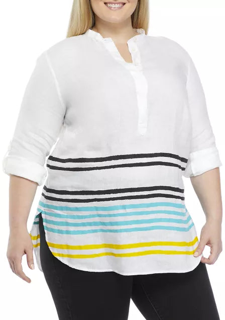 Lauren Ralph Lauren Women's Plus-Size Striped Linen Tunic  Capri Water Multi Size 2X