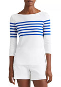 Lauren Ralph Lauren Women's Plus-Size Striped Cotton Boat Neck Top  White/Sapphire Star Size 1X