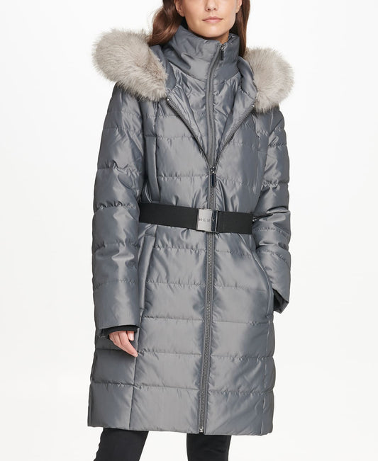 DKNY Women's Faux Fur BX QUILT Belt BIB Coat Color Gray  Size XXS