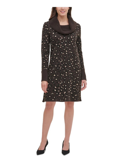 TOMMY HILFIGER Womens Animal Print Long Sleeve Cowl Neck Knee Length Shift Dress  Color Brown Size M