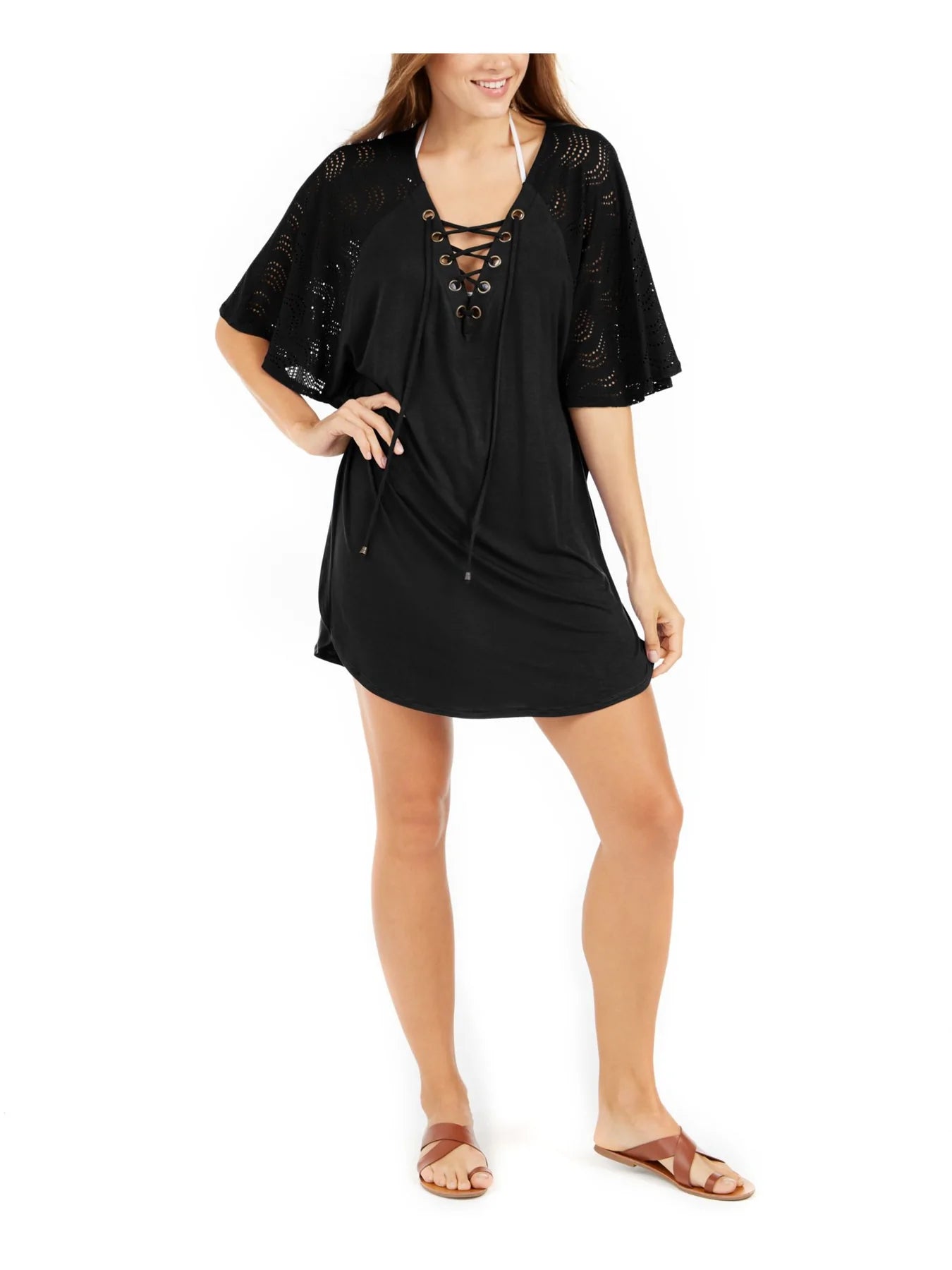 Dotti Resort Lace-Up Tunic Cover-Up  Color Black Size L