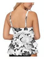 Island Escape Aloha Bloom Printed Tiered Tankini Top  Color Black Size 8