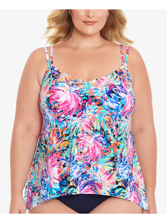 SWIM SOLUTIONS Women's Printed Stretch Full Bust Support Handkerchief-Hem Lined Deep Tankini  Multicolor Size 18W