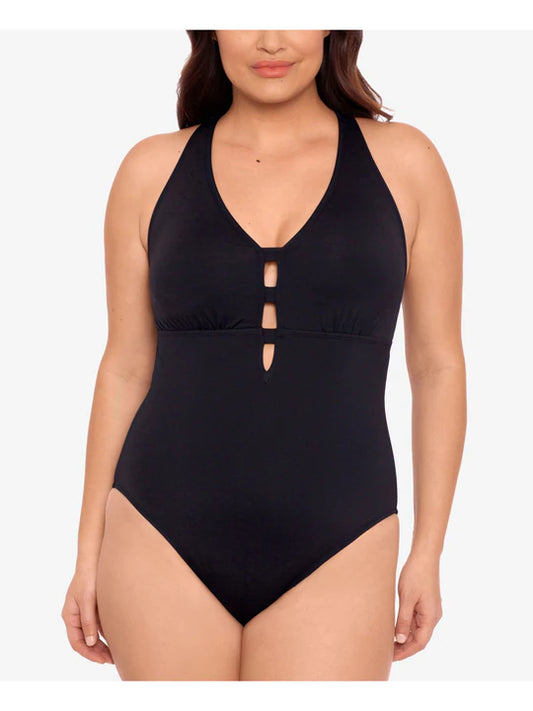 LAUREN RALPH LAUREN Women's Tummy Control Non-Removable Cups Cutout Scoop Neck One Piece Swimsuit  Color Black Size 18W