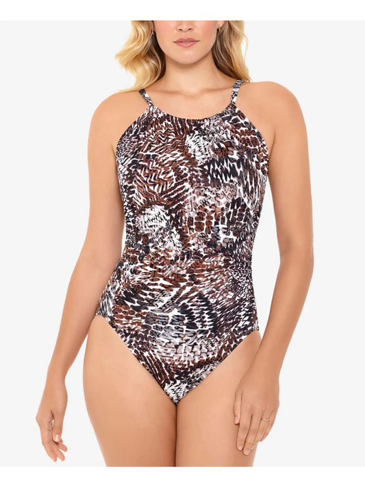 Swim Solutions Printed Tummy Control Halter One-Piece Swimsuit  Color Brown Size 10