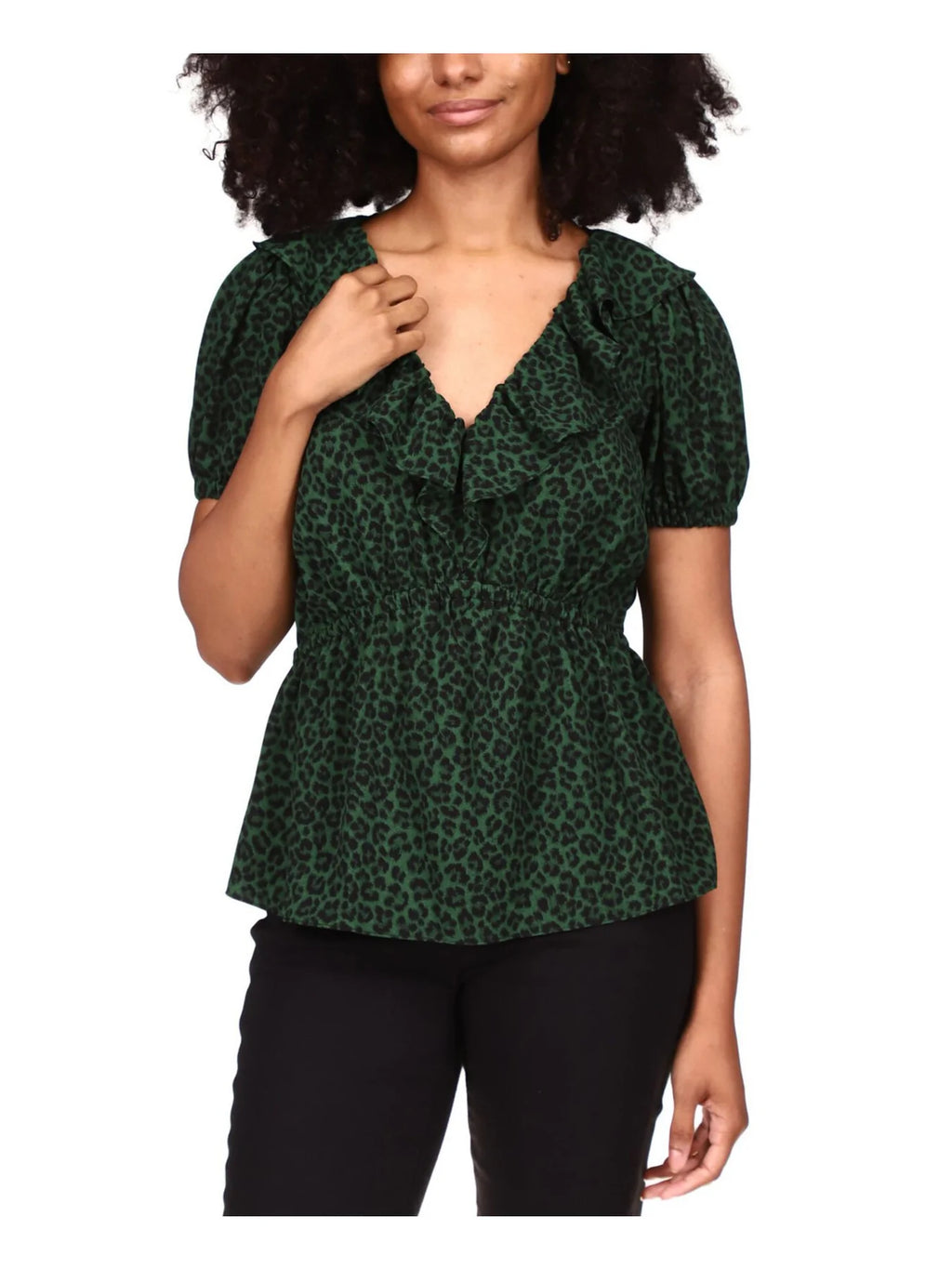 Michael Kors Women's Printed Ruffled Top  Color Moss Size XL