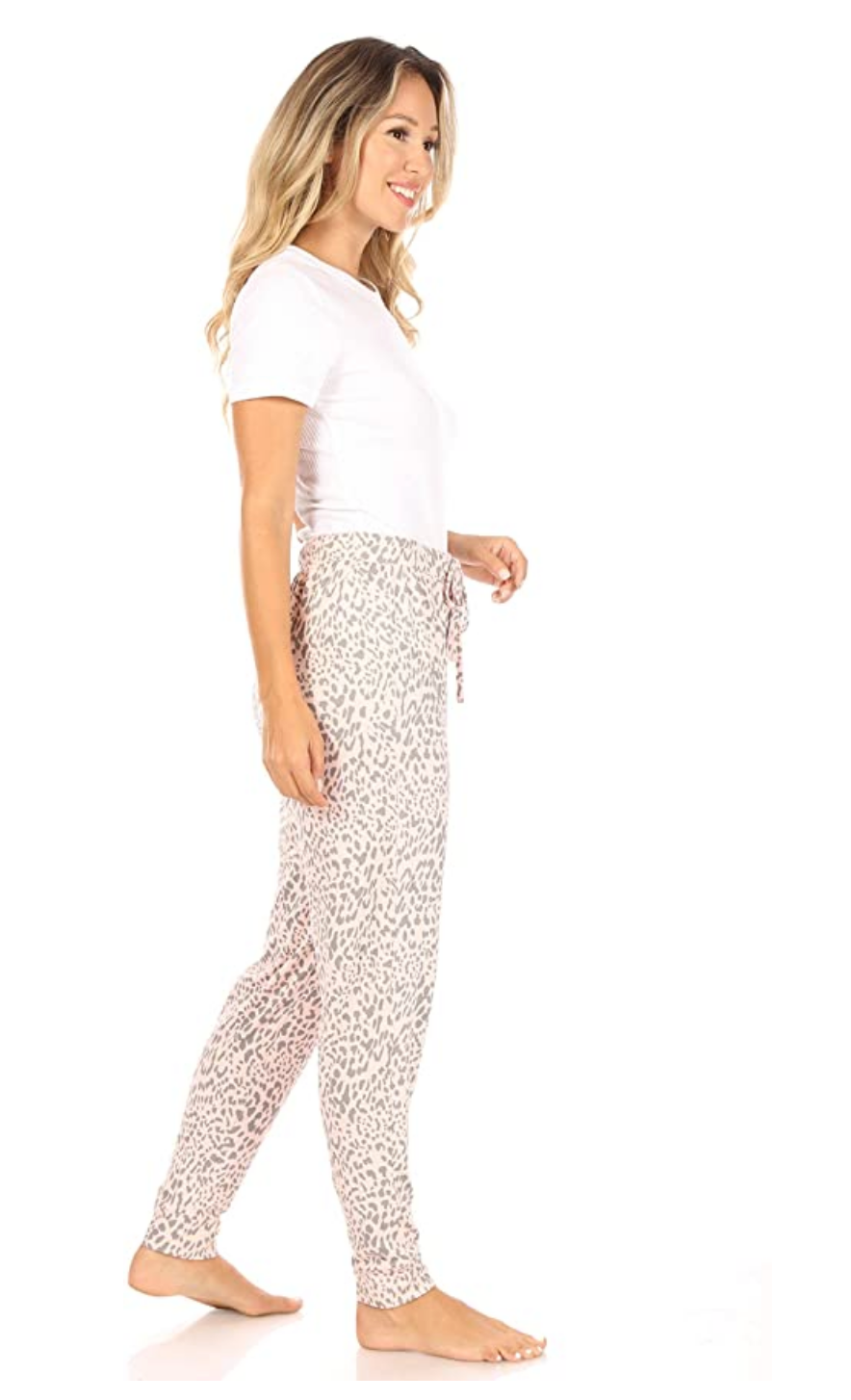 TAHARI Women's Relaxed Fit Pajama Jogger with Drawstring Color Light Pink Modern Animal Size L
