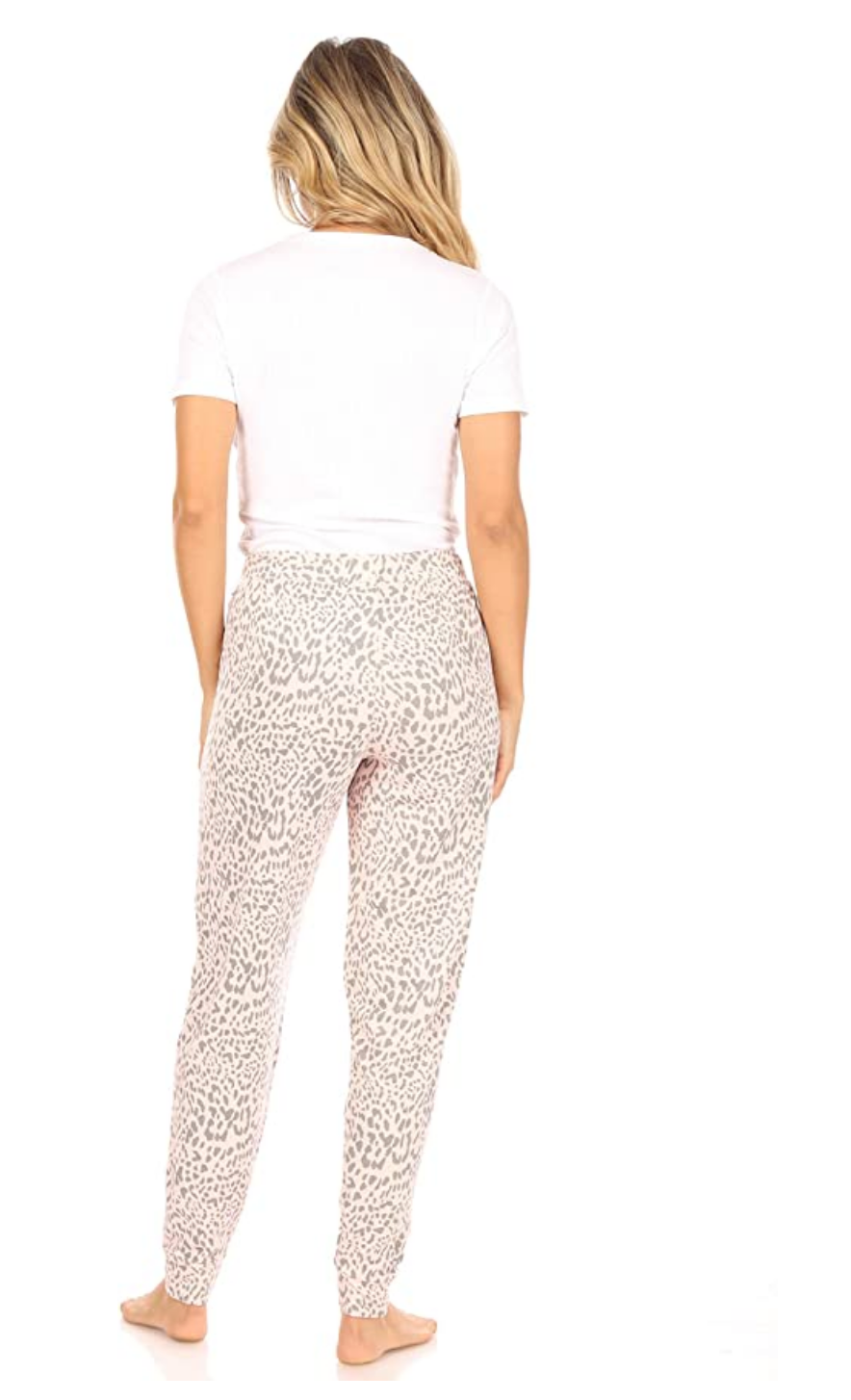 TAHARI Women's Relaxed Fit Pajama Jogger with Drawstring Color Light Pink Modern Animal Size L
