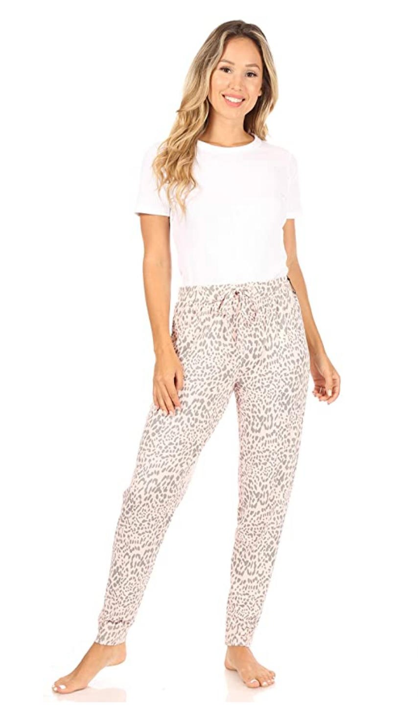 TAHARI Women's Relaxed Fit Pajama Jogger with Drawstring Color Light Pink Modern Animal Size L