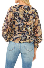 VINCE CAMUTO Paisley Smocked Sleeve Blouse  Color Classic Navy Size M