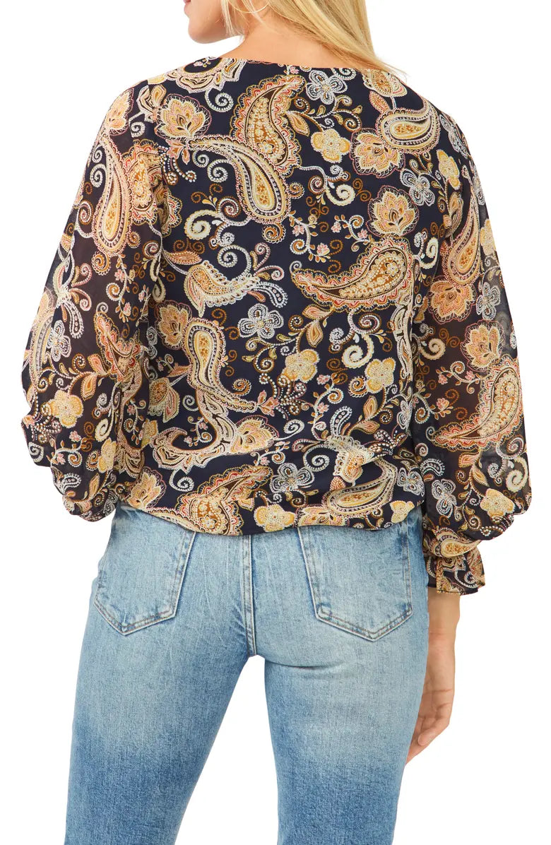 VINCE CAMUTO Paisley Smocked Sleeve Blouse  Color Classic Navy Size M