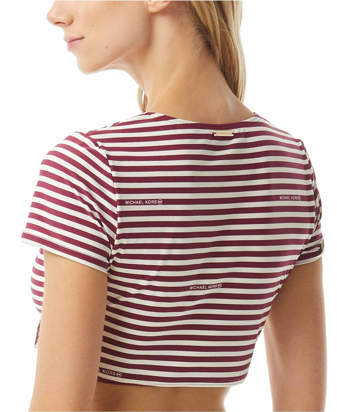 Michael Kors Striped Short-Sleeve Bikini Swim Top  Color RUBY Size M