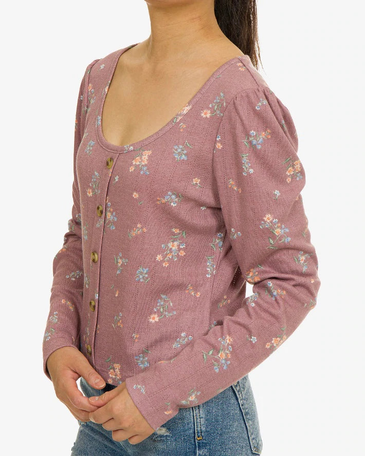 Hippie Rose Juniors' Pointelle-Knit Button-Trimmed Floral Top  Color Fig Floral Size M