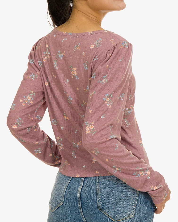 Hippie Rose Juniors' Pointelle-Knit Button-Trimmed Floral Top  Color Fig Floral Size M