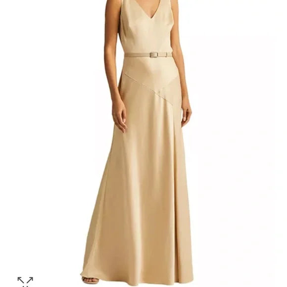 Lauren Ralph Lauren Satin Belted Sleeveless Gown  Color Pale Parchment Size 12