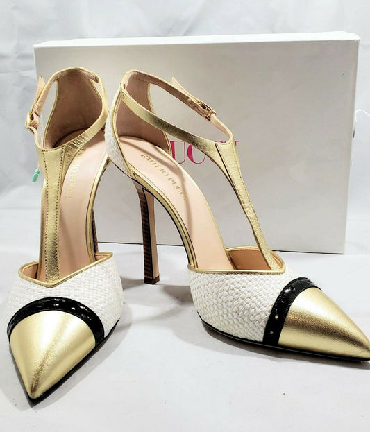 Emilio Pucci Gold and Raffia T Strap Pumps    Size: 40 (10 US)