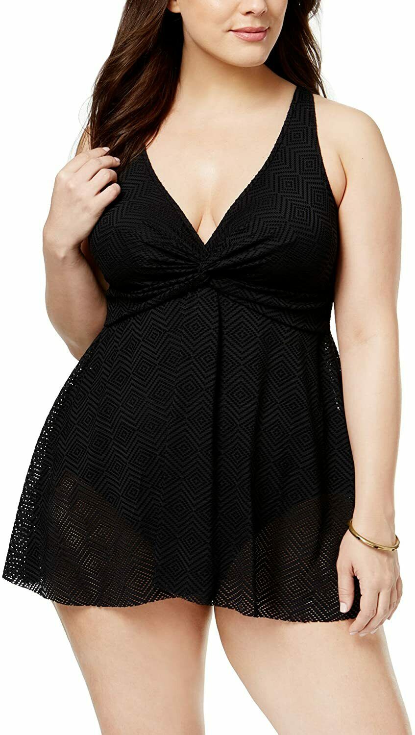 Swim Solutions CROCHET BLACK Plus Size Flyaway Tummy Control Swimdress Size 22W