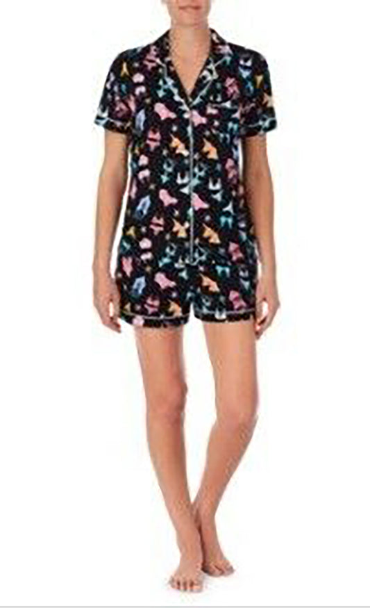 Cuddl Duds Womens Short Sleeve Shirt & Boxer Shorts Pajama Set  Color Black Novel Size M