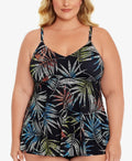 Swim Solutions Plus Size Pacifica Palm V-Neck Tankini Top  Color Black Multi Size 16W