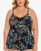 Swim Solutions Plus Size Pacifica Palm V-Neck Tankini Top  Color Black Multi Size 16W