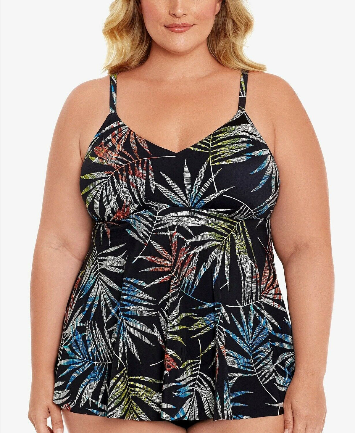 Swim Solutions Plus Size Pacifica Palm V-Neck Tankini Top  Color Black Multi Size 16W