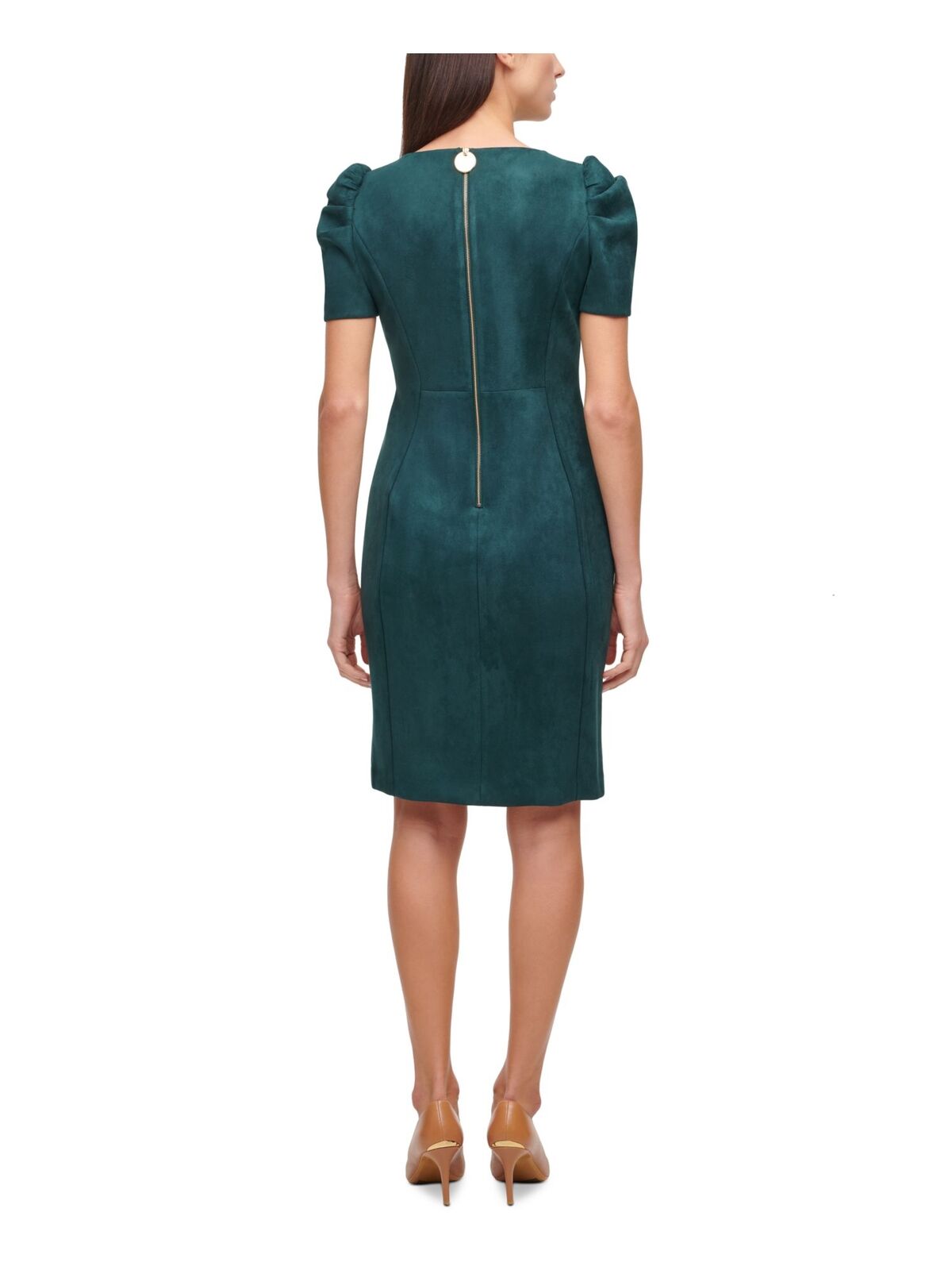 Calvin Klein Puff-Sleeve Faux-Suede Sheath Dress  Color Malachite Size 14