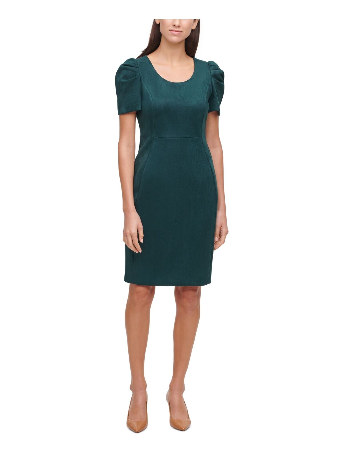 Calvin Klein Puff-Sleeve Faux-Suede Sheath Dress  Color Malachite Size 14