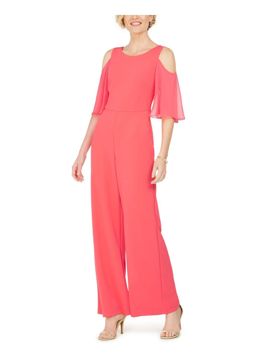 Connected Cold-Shoulder Chiffon-Sleeve Jumpsuit  Color Coral Size 10