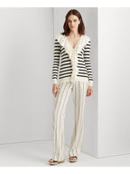 Lauren Ralph Lauren Ruffle-Trim Striped Long Sleeve V Neck Top  Ivory Size M