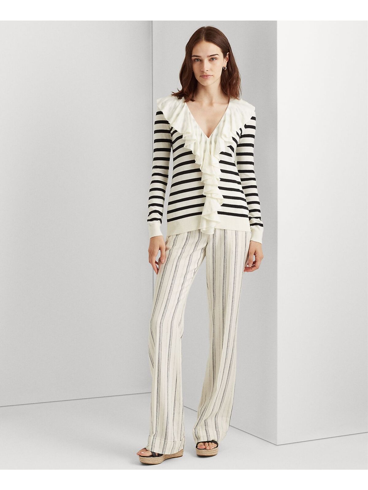 Lauren Ralph Lauren Ruffle-Trim Striped Long Sleeve V Neck Top  Ivory Size M