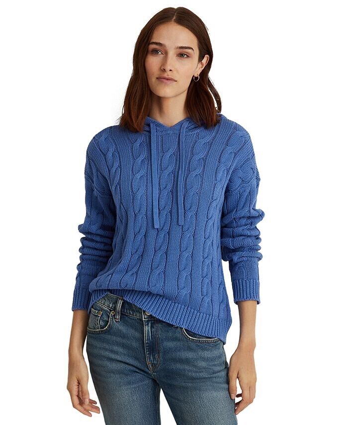 Lauren Ralph Lauren Cable-Knit Cotton Hoodie Sweater  Color Pampelonne Blue Size L
