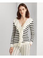 Lauren Ralph Lauren Ruffle-Trim Striped Long Sleeve V Neck Top  Ivory Size M
