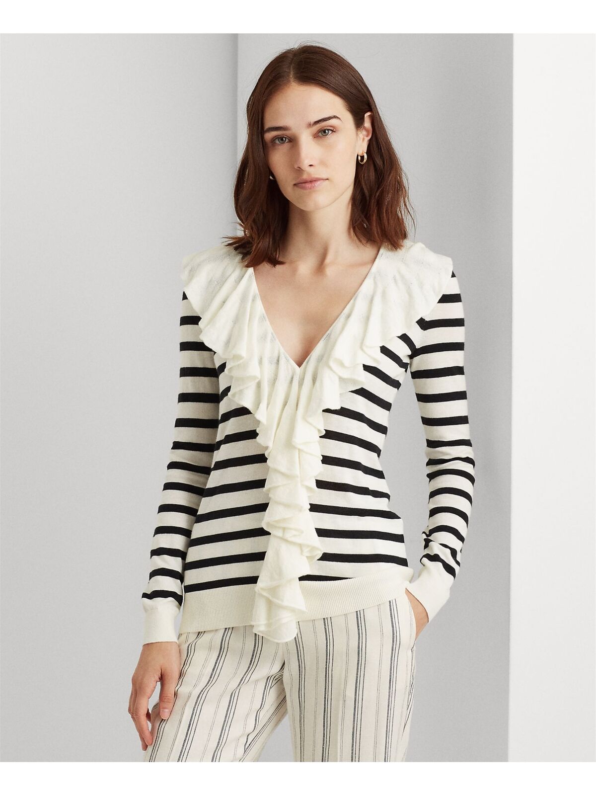 Lauren Ralph Lauren Ruffle-Trim Striped Long Sleeve V Neck Top  Ivory Size M