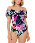 Swim Solutions Deco Off the Shoulder One-Piece Swimsuit  Color Black Size 14