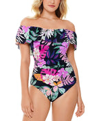 Swim Solutions Deco Off the Shoulder One-Piece Swimsuit  Color Black Size 14