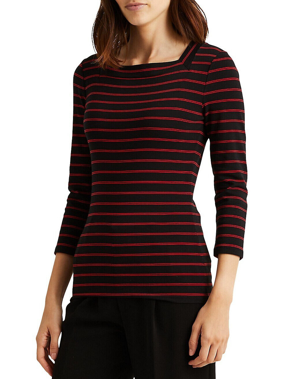 Lauren Ralph Lauren Women's Plus-Size Striped Stretch Cotton Top  Black/Lipstick Red Size 3X