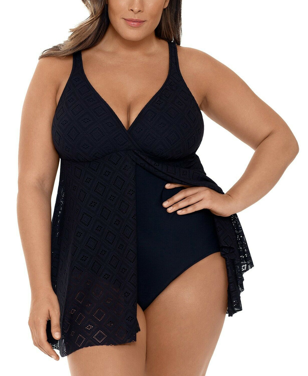 Swim Solutions CROCHET BLACK Plus Size Flyaway Tummy Control Swimdress Size 22W