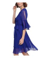 DKNY Womens Tie Flutter 3/4 Sleeve Faux Wrap Dress   Color Blue Size 2