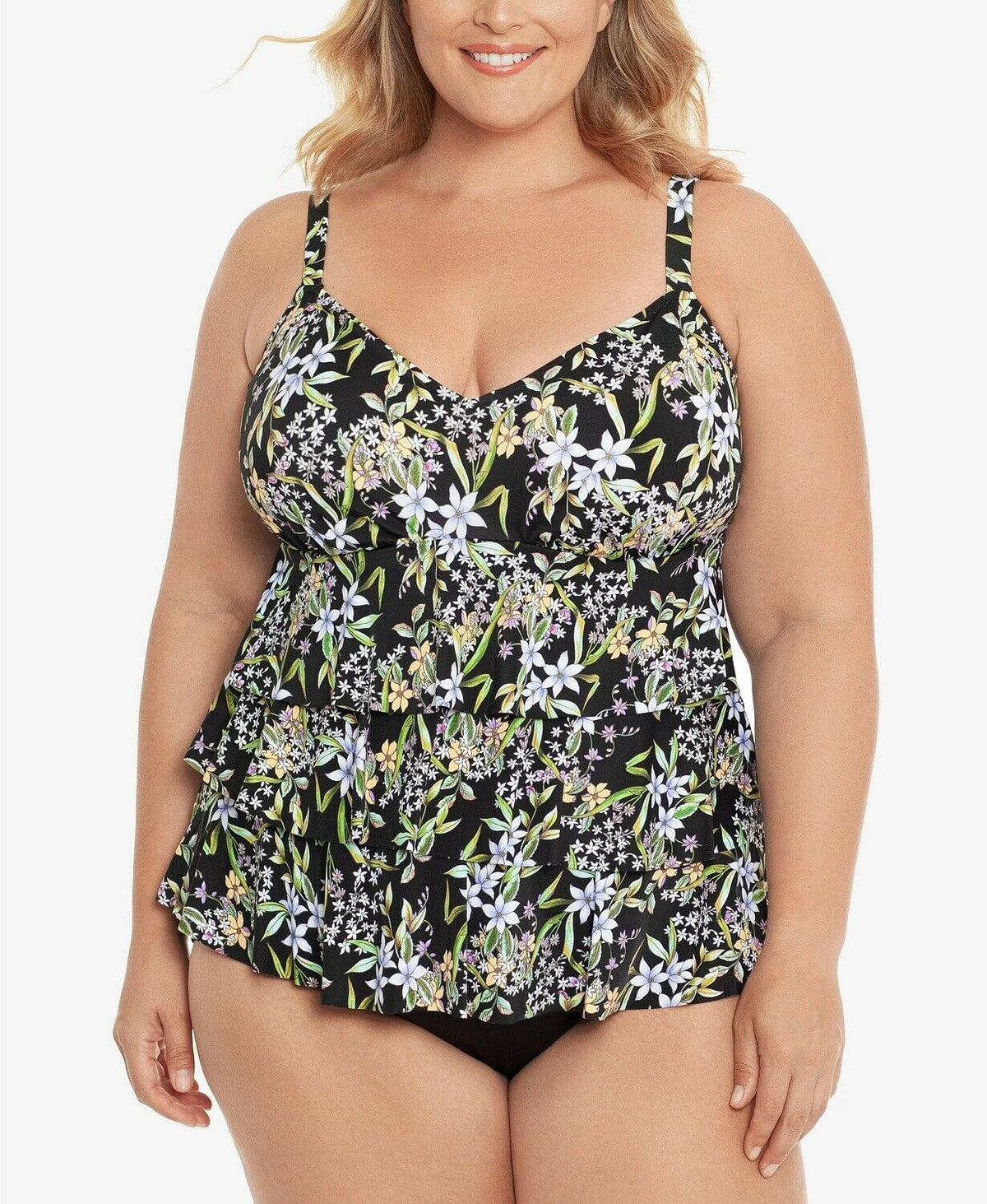Swim Solutions Plus Size Triple Tier V-Neck One-Piece Swimsuit  Color Black Multi Size 20W