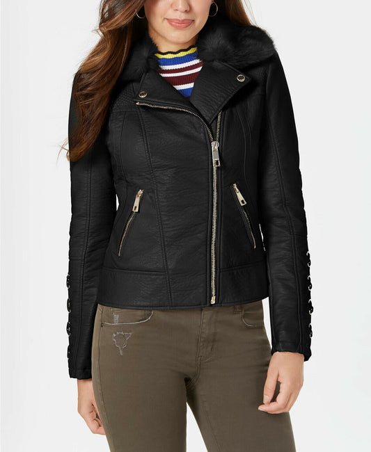 GUESS Faux-Fur-Collar Faux-Leather Jacket  22LMU110 Size S