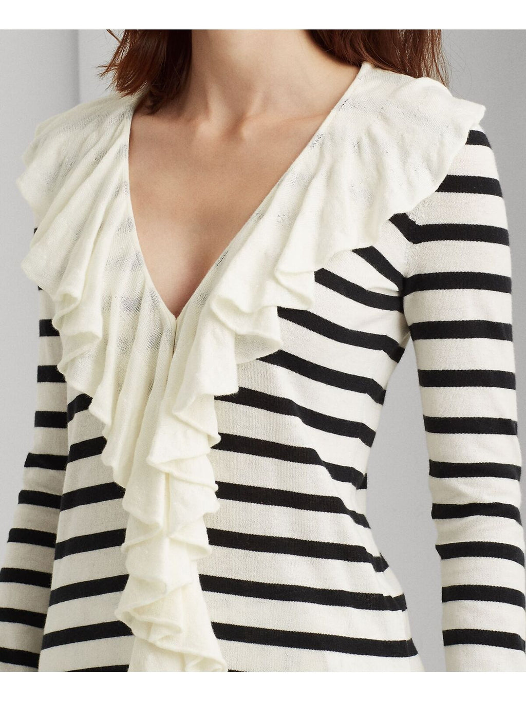 Lauren Ralph Lauren Ruffle-Trim Striped Long Sleeve V Neck Top  Ivory Size M