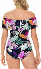 Swim Solutions Deco Off the Shoulder One-Piece Swimsuit  Color Black Size 14