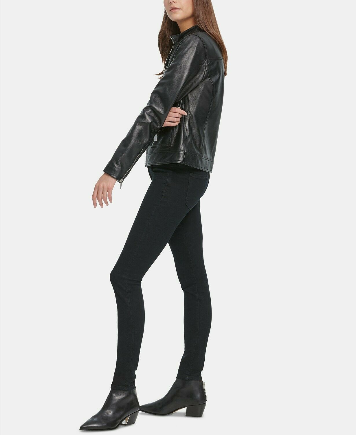 DKNY Women’s Zip Front Trucker Leather Jacket  Color Black Size XL