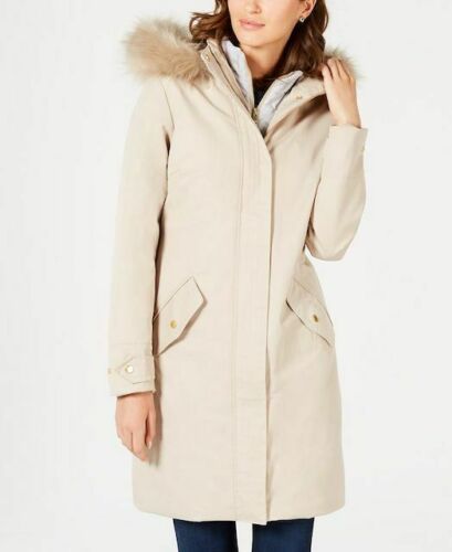 Barbour Women’s  Bute Faux-Fur Hooded Puffer Coat Color Beige Size 14