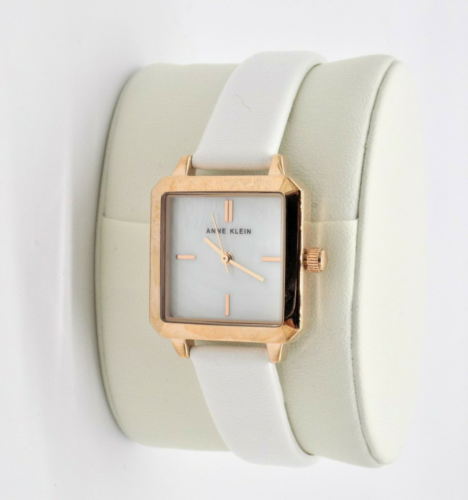 Anne Klein Watch White Leather Strap Rose-Gold Tone Square  Style AK/3090RGWT