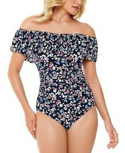 Swim Solutions VINTAGE DITSY NAVY Off-the-Shoulder One-Piece Swimsuit Size 14